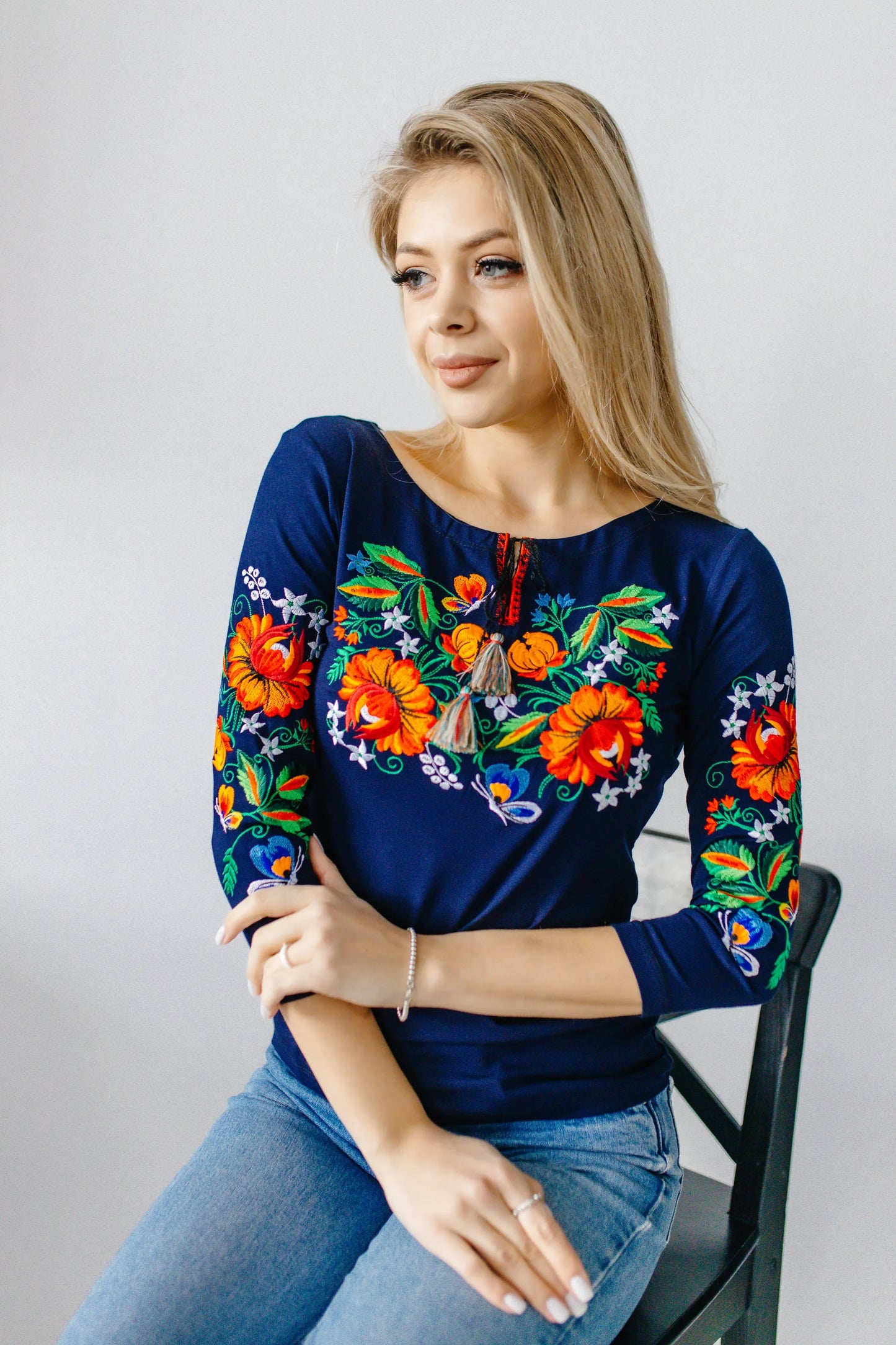 Sizes S-XXL,4XL. Mexican Embroidered Сhic Blouse – Navy Blue Floral Hippie Long Sleeve Shirt for Women