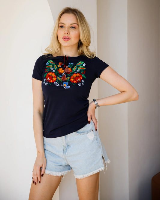 Sizes M-XXL. Navy Embroidered Floral T-Shirt – Bohemian Ukrainian Folk Top with Colorful Mexican-Inspired Flowers and Botanical Cross Stitch Design