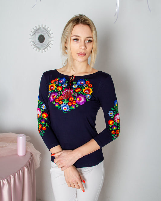 Sizes S-4XL. Mexican Bohemian Floral Embroidered Women's Blouse – Navy Blue Long Sleeve Folk Shirt