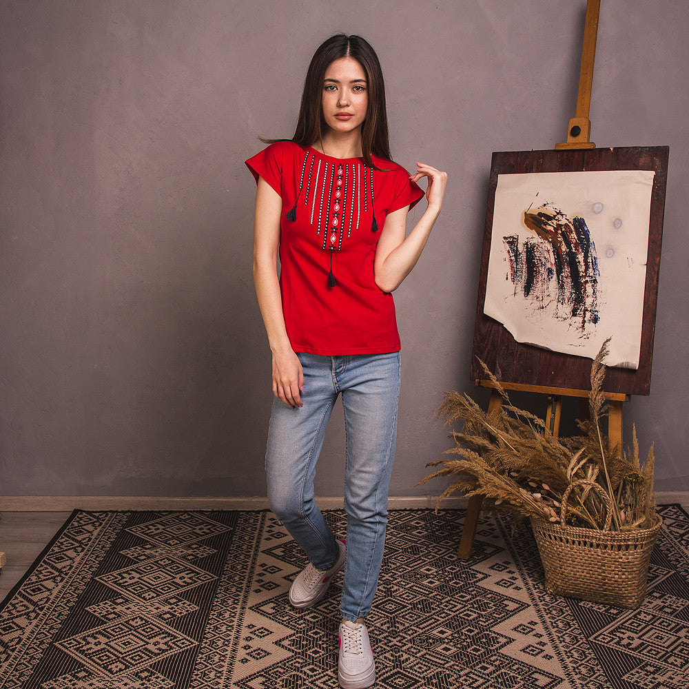 Sizes S-2XL. Gypsy Boho Red Embroidered Blouse – Ethnic Tassel Design Short Sleeve Top for Women