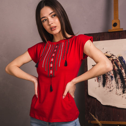 Sizes S-2XL. Gypsy Boho Red Embroidered Blouse – Ethnic Tassel Design Short Sleeve Top for Women