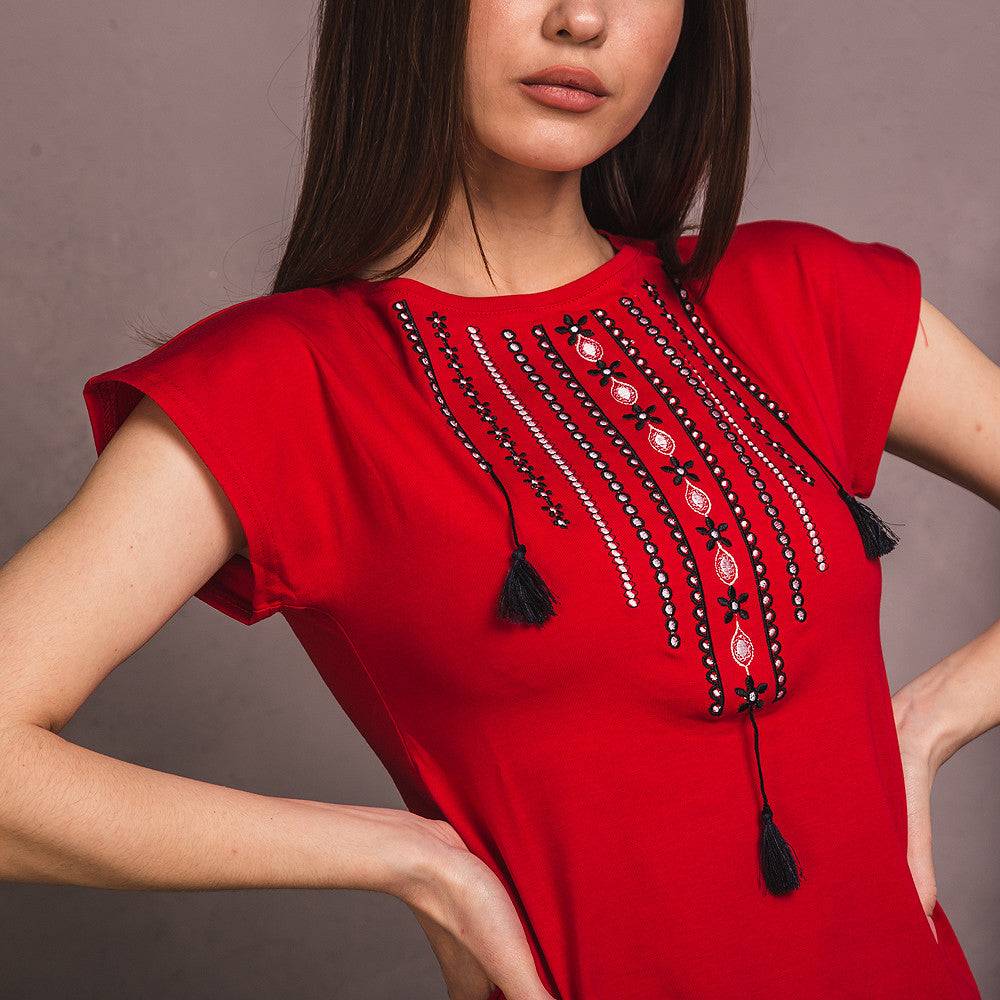 Sizes S-2XL. Gypsy Boho Red Embroidered Blouse – Ethnic Tassel Design Short Sleeve Top for Women