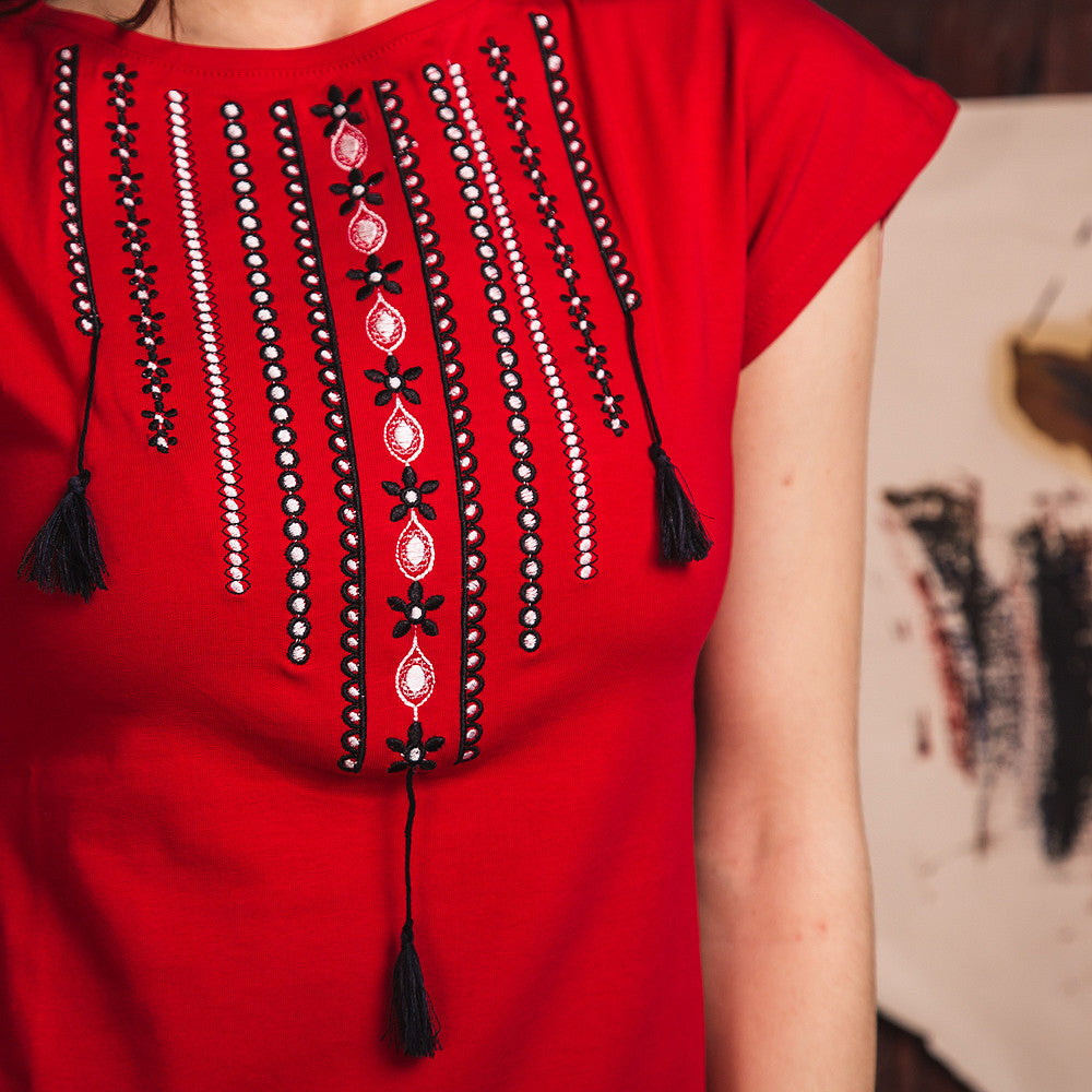 Sizes S-2XL. Gypsy Boho Red Embroidered Blouse – Ethnic Tassel Design Short Sleeve Top for Women