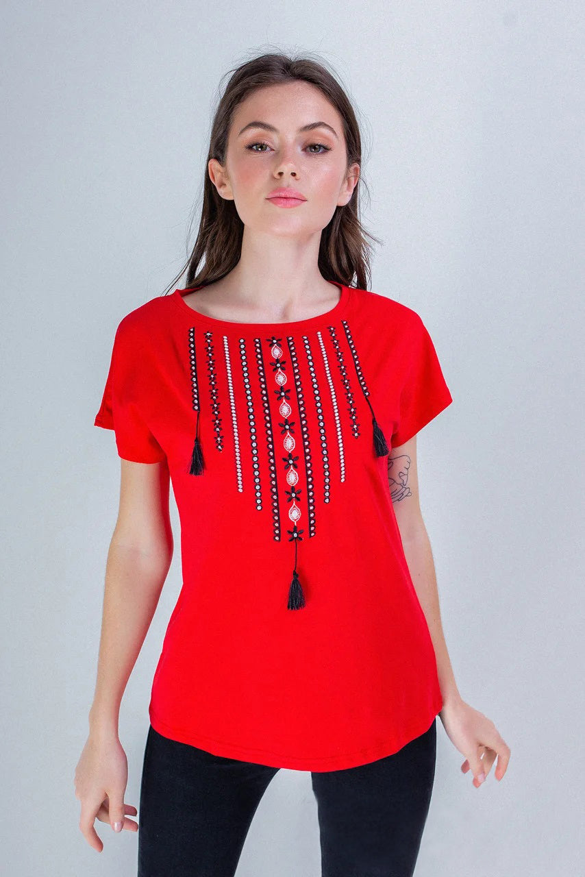 Sizes S-2XL. Gypsy Boho Red Embroidered Blouse – Ethnic Tassel Design Short Sleeve Top for Women