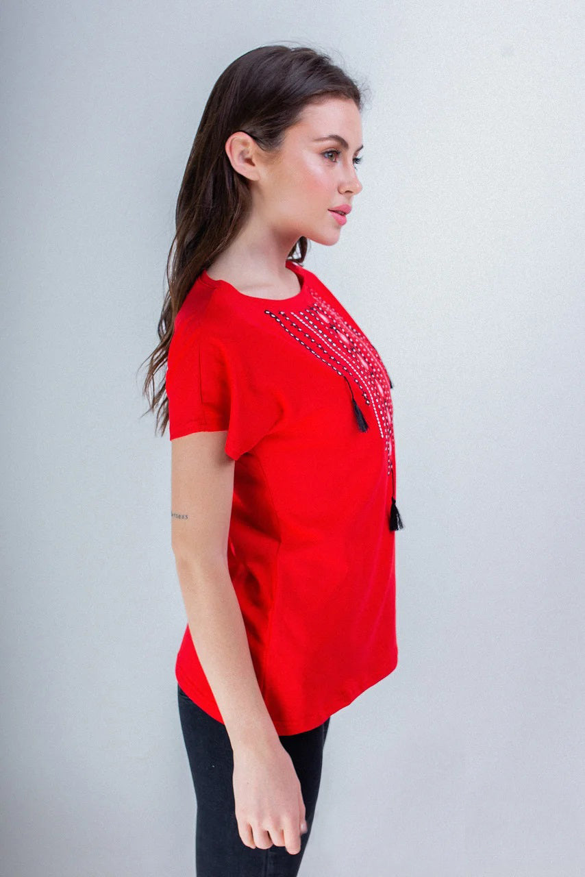 Sizes S-2XL. Gypsy Boho Red Embroidered Blouse – Ethnic Tassel Design Short Sleeve Top for Women