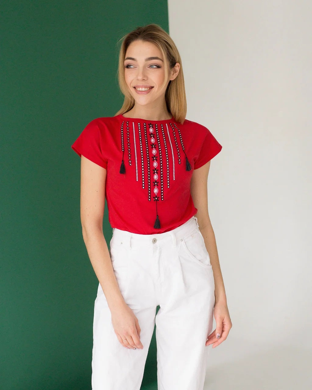 Sizes S-2XL. Gypsy Boho Red Embroidered Blouse – Ethnic Tassel Design Short Sleeve Top for Women