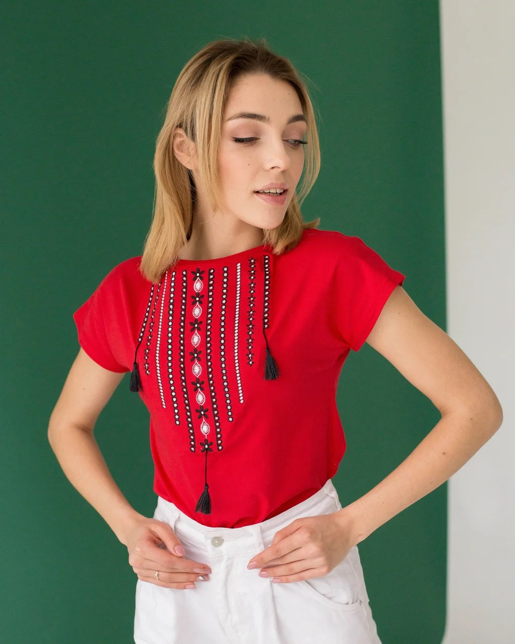 Sizes S-2XL. Gypsy Boho Red Embroidered Blouse – Ethnic Tassel Design Short Sleeve Top for Women