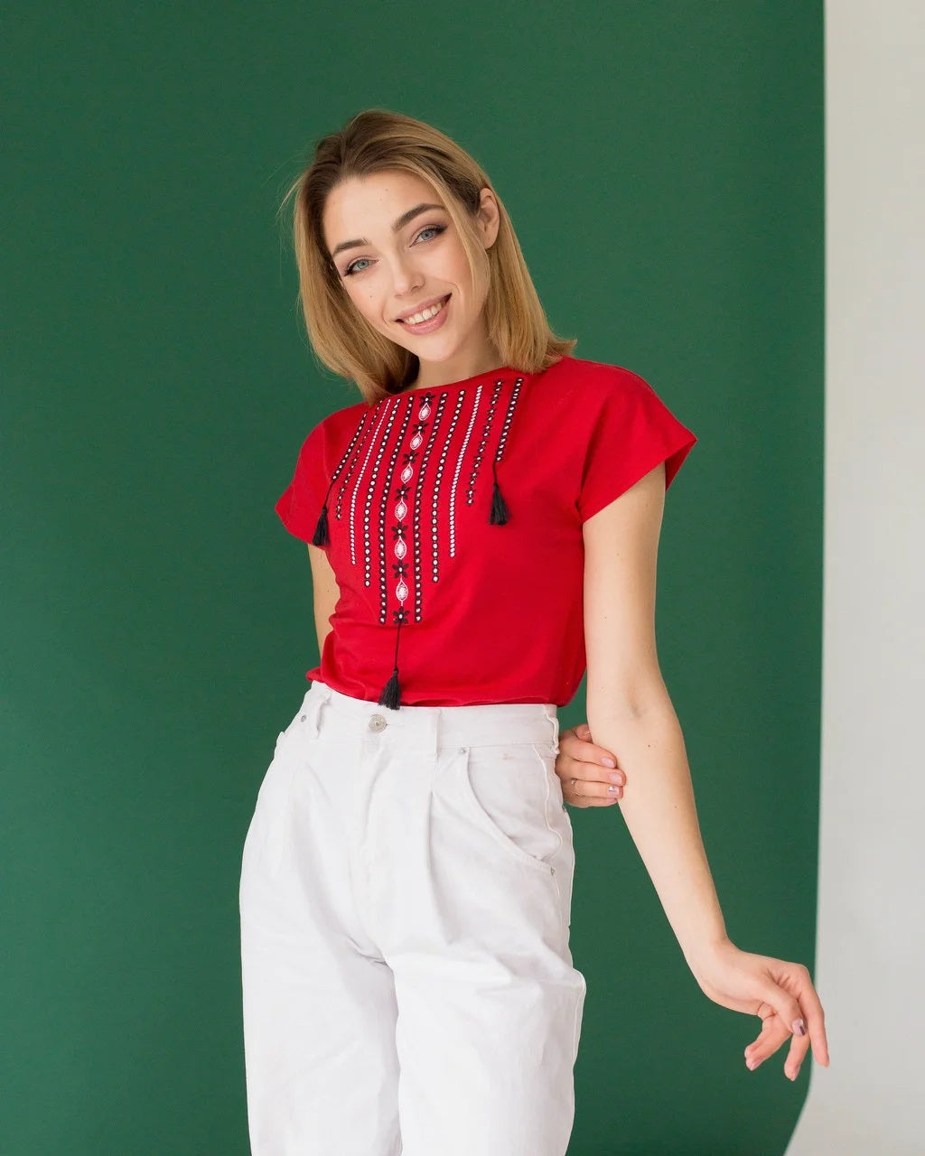Sizes S-2XL. Gypsy Boho Red Embroidered Blouse – Ethnic Tassel Design Short Sleeve Top for Women