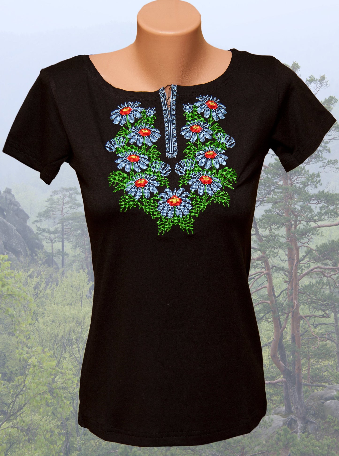 Sizes S,XL. Black T-shirt with Embroidered Daisies - Ukrainian Botanical Tee