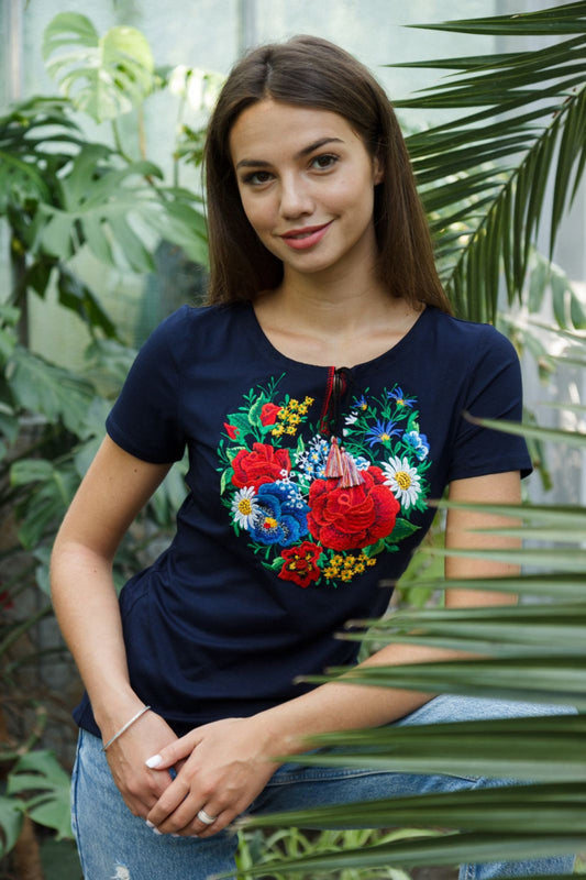 Sizes M-4XL. Navy Blue Floral Embroidered T-Shirt – Mexican & Ukrainian Inspired Folk Blouse with Botanical Garden Heart and Tassel Detail