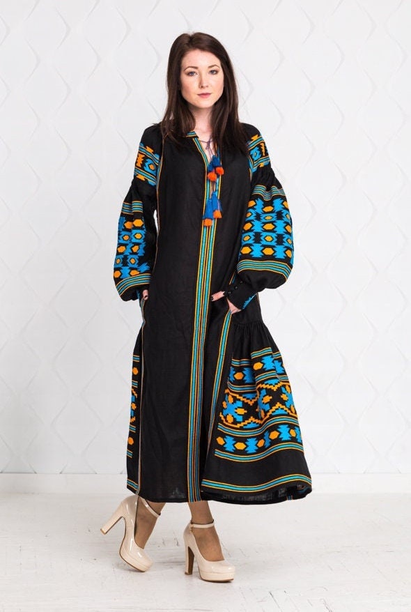 Size 2US//34EU//XS! Bohemian Embroidered Black Maxi Dress – Ukrainian Folk Long Sleeve Gown with Geometric Pattern and Tassel Detail, Handmade Ethnic Fashion