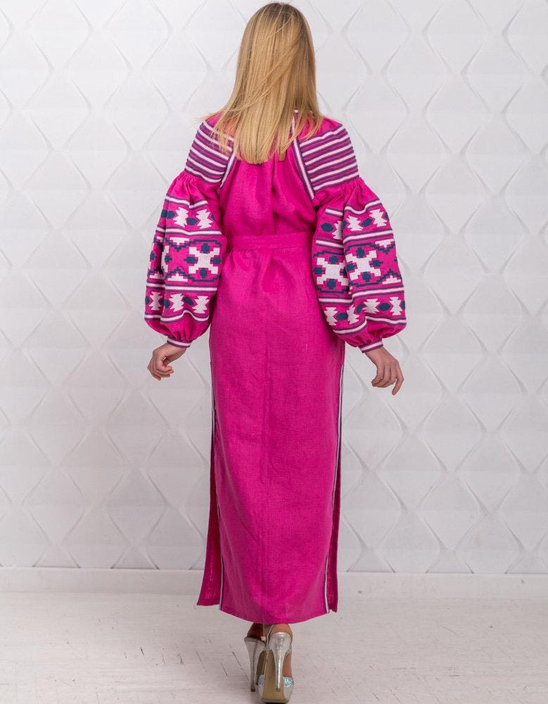 Size 4US/S! Fuchsia Linen Embroidered Dress with Tassels - Ukrainian Folk Maxi Dress