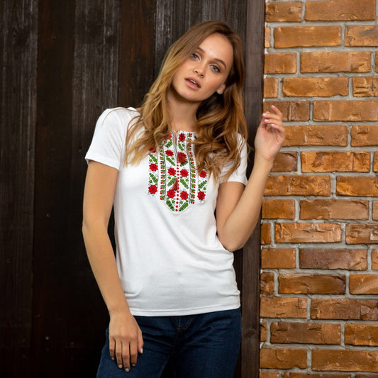 Sizes S-3XL. White Embroidered T-shirt with red flowers - Botanical Folk Top