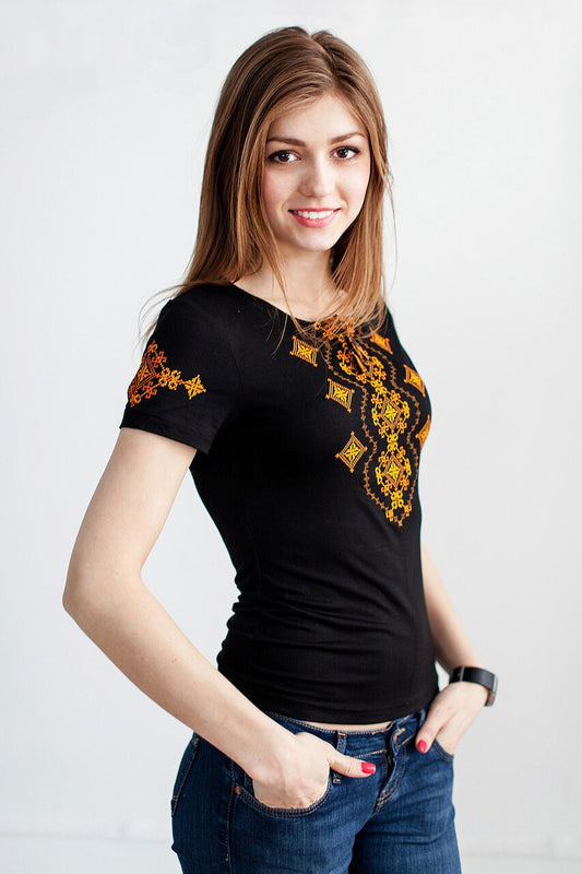 Size XL. Black Embroidered Gypsy Top. Embroidered Boho Tee. Gift for Her. Hippie Peasant Top. Traditional Ukrainian Blouse. Bohemian T-Shirt