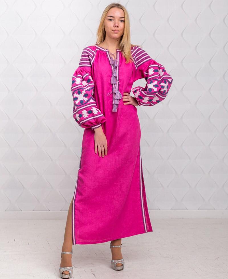 Size 4US/S! Fuchsia Linen Embroidered Dress with Tassels - Ukrainian Folk Maxi Dress