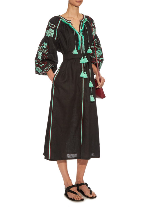 Size 2US/XS! Black Bohemian Embroidered Midi Dress – Folk Nouveau Elegance Wrap