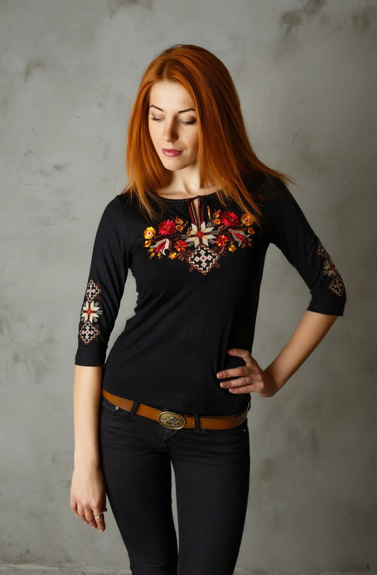 Size S-5XL. Black Folk Blouse with Burgundy and Orange Floral Embroidery