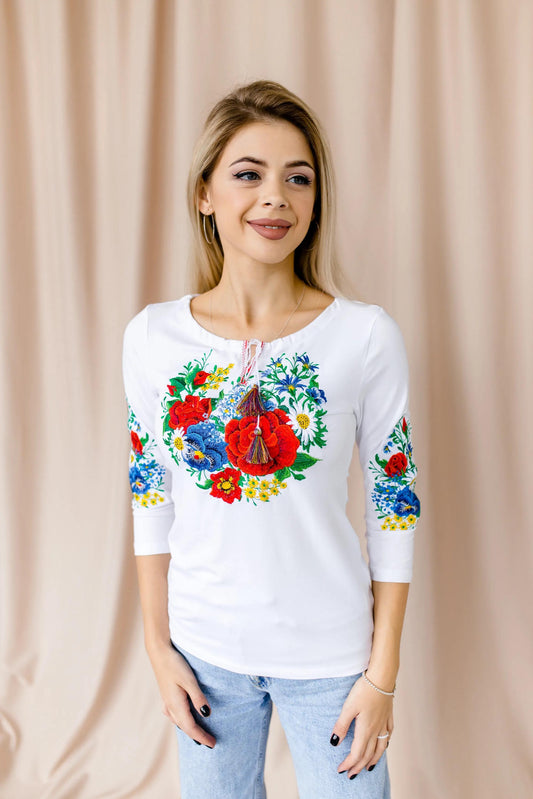 Sizes S. White botanical folklore blouse with floral embroidery, Elegant nouveau fashion top, Bohemian embroidered shirt, Mexican handmade tee