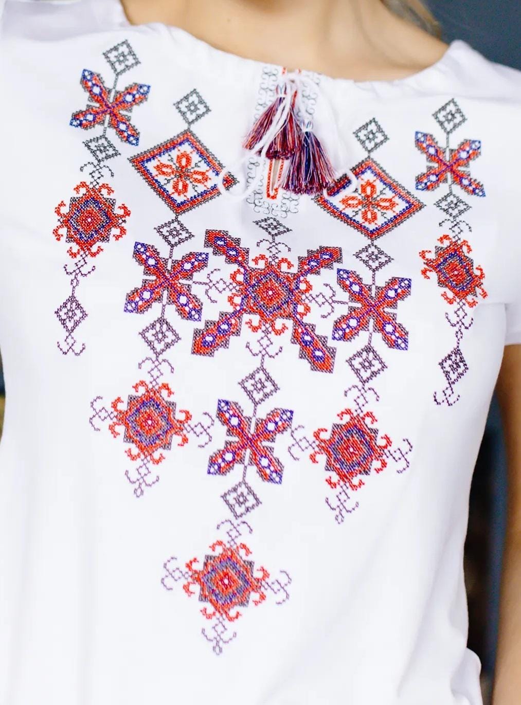 Sizes S-4XL. Bohemian White Embroidered T-Shirt. Hippie Vyshyvanka Tee. Folk Geometric Embroidery. Traditional Slavic Blouse. Ethnic Boho Chic Top
