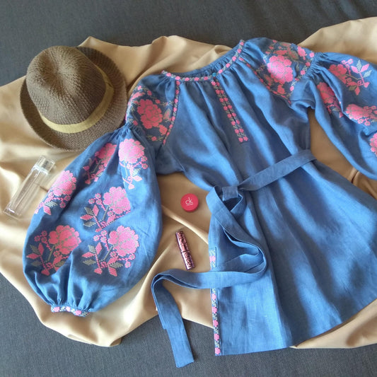 Size XS. Blue Women's Embroidered Top. Ukrainian Vyshyvanka Shirt. Mexican Blouse. Elegant Abaya Caftan. Light Spring Style. Boho Chic Ethno Look