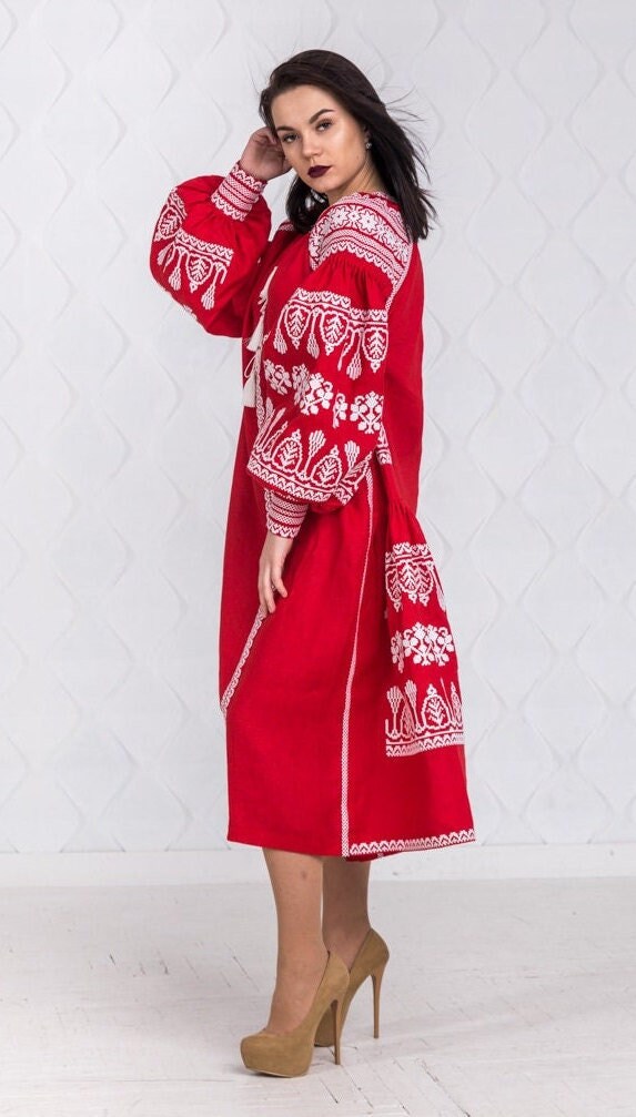 Size 6US! Embroidered Red Midi Dress - Ukrainian White Embroidery Boho Dress - Chic Stylish Midi Outfit
