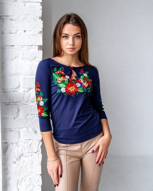 Sizes S-4XL. Navy Top with Colorful Floral Embroidery - Ukrainian Folk Shirt