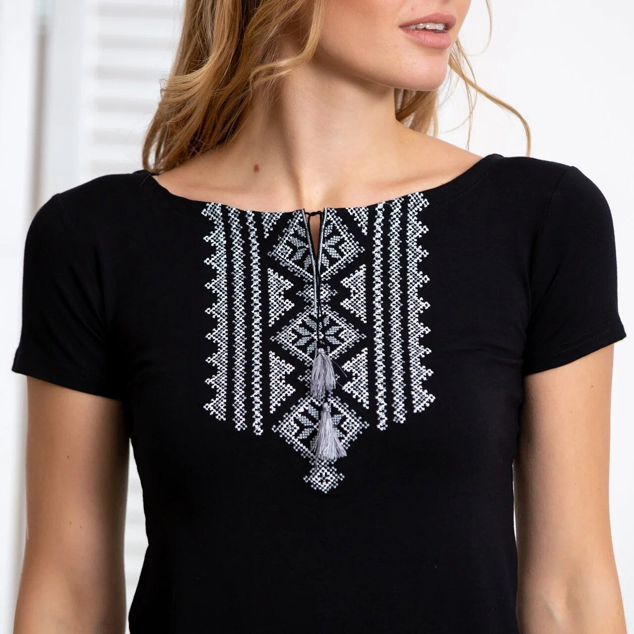 Sizes S-3XL. Black Embroidered Ukrainian Folk T-Shirt – Handmade Boho Top with White Cross-Stitch Design, Slavic Heritage Tee for Women