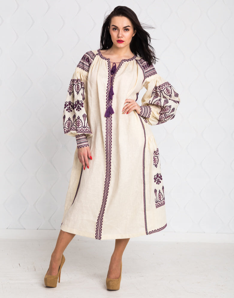 Size 12US. Embroidered Linen Boho Dress – Purple Folk Chic Women's Outfit