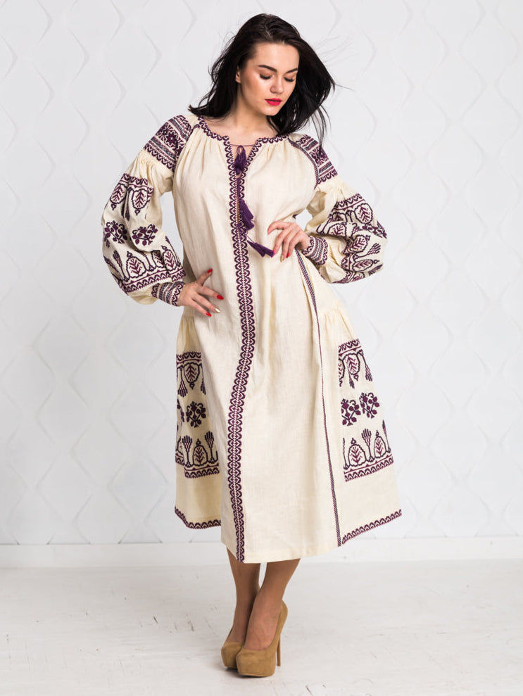 Size 12US. Embroidered Linen Boho Dress – Purple Folk Chic Women's Outfit