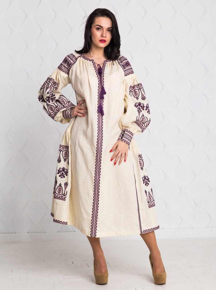 Size 12US. Embroidered Linen Boho Dress – Purple Folk Chic Women's Outfit