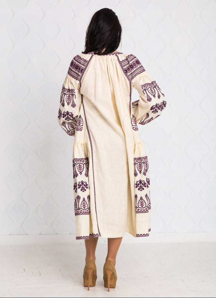 Size 12US. Embroidered Linen Boho Dress – Purple Folk Chic Women's Outfit