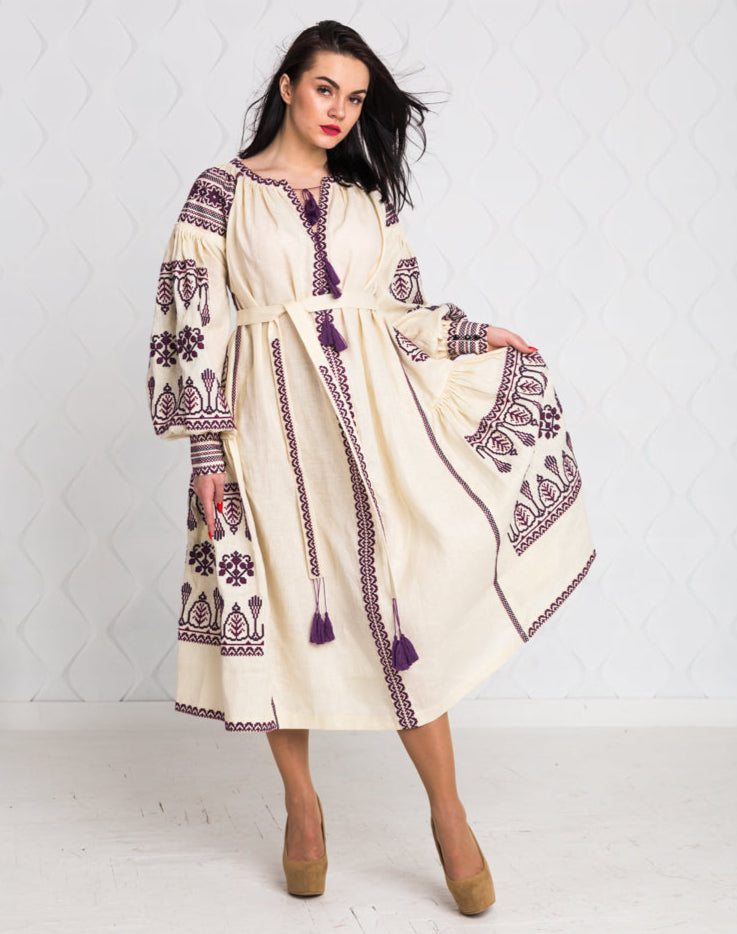 Size 12US. Embroidered Linen Boho Dress – Purple Folk Chic Women's Outfit