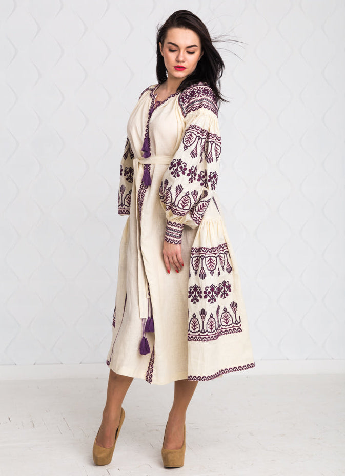 Size 12US. Embroidered Linen Boho Dress – Purple Folk Chic Women's Outfit