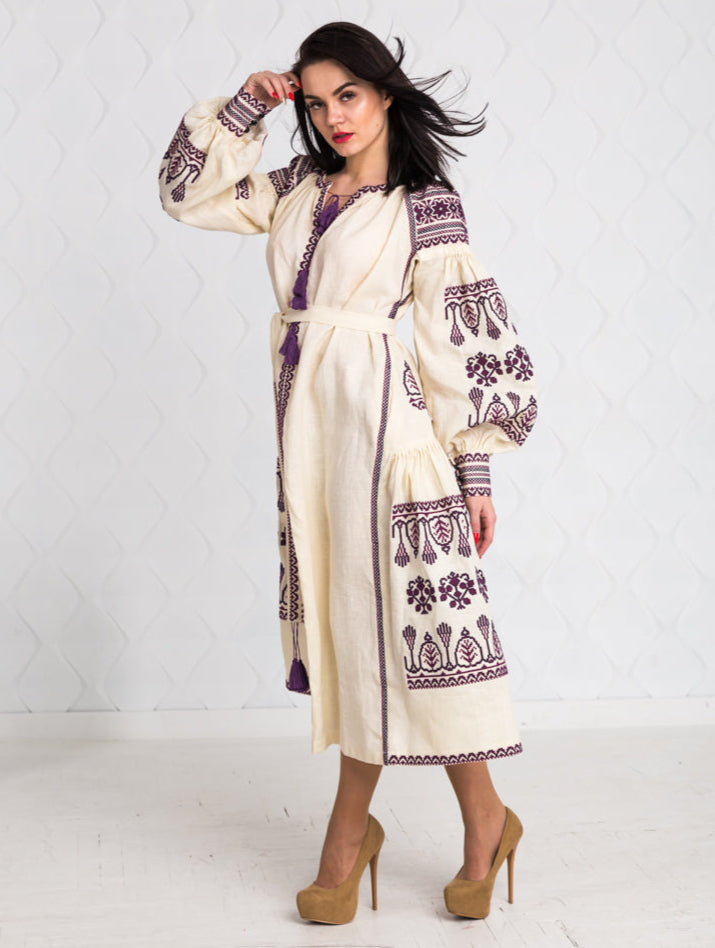 Size 12US. Embroidered Linen Boho Dress – Purple Folk Chic Women's Outfit