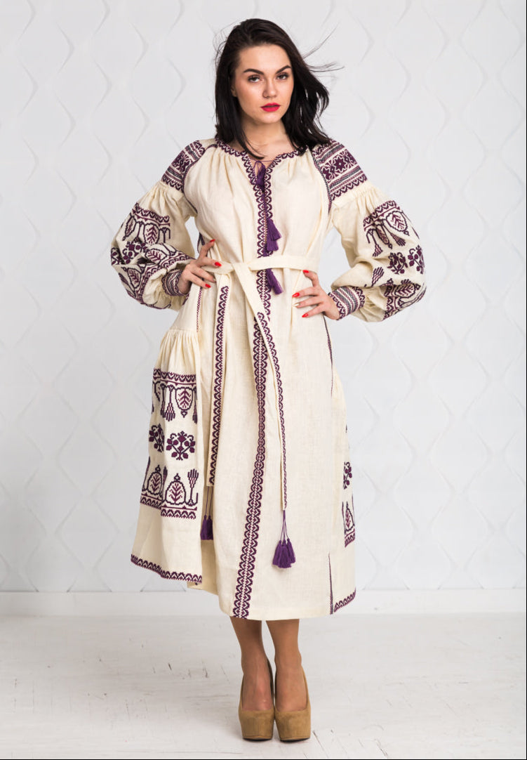 Size 12US. Embroidered Linen Boho Dress – Purple Folk Chic Women's Outfit