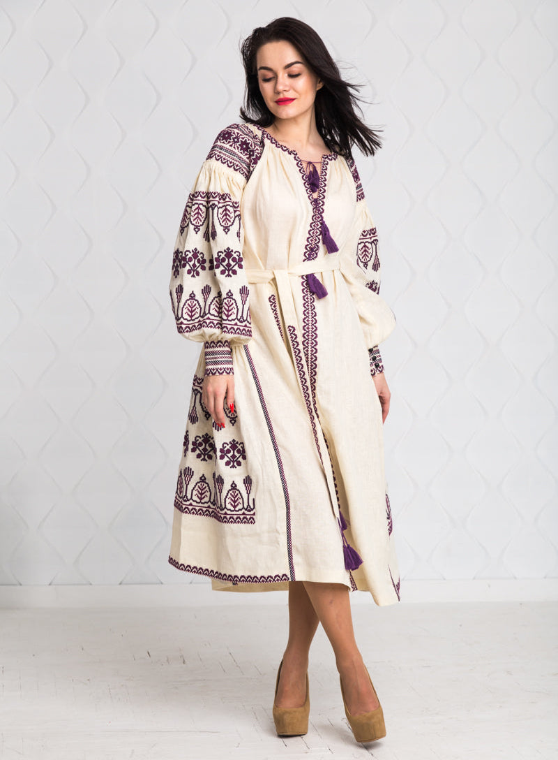 Size 12US. Embroidered Linen Boho Dress – Purple Folk Chic Women's Outfit