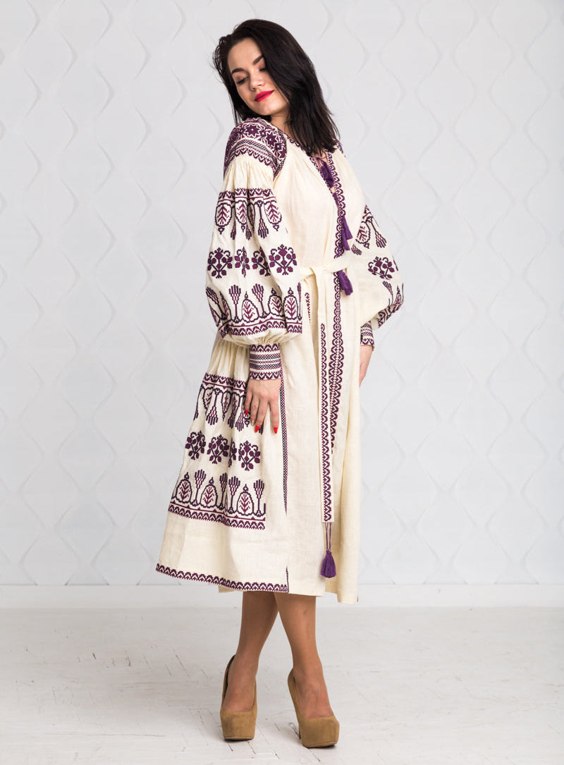 Size 12US. Embroidered Linen Boho Dress – Purple Folk Chic Women's Outfit