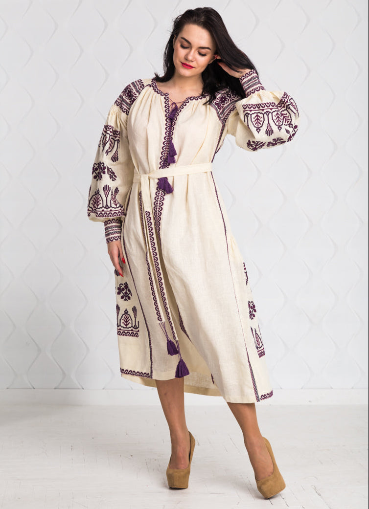 Size 12US. Embroidered Linen Boho Dress – Purple Folk Chic Women's Outfit