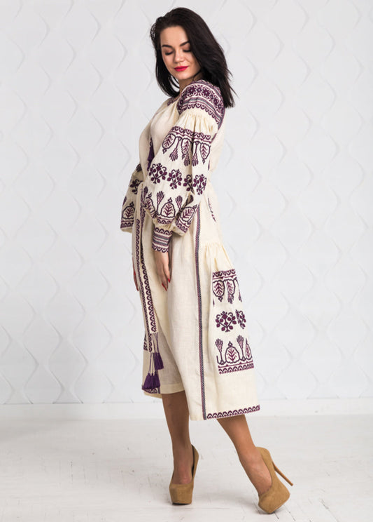Size 12US. Embroidered Linen Boho Dress – Purple Folk Chic Women's Outfit