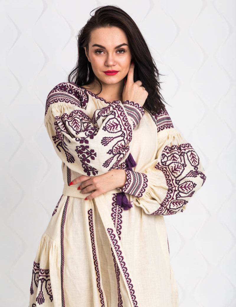 Size 12US. Embroidered Linen Boho Dress – Purple Folk Chic Women's Outfit