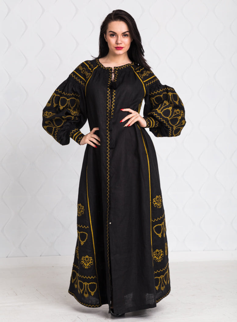 Size 10US. Elegant Black Boho Linen Embroidered Dress - Timeless Bohemian Maxi Wrap