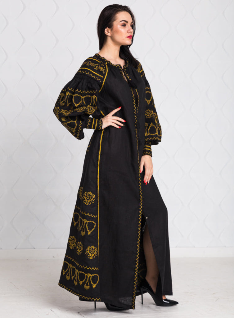 Size 10US. Elegant Black Boho Linen Embroidered Dress - Timeless Bohemian Maxi Wrap