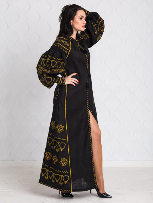 Size 10US. Elegant Black Boho Linen Embroidered Dress - Timeless Bohemian Maxi Wrap