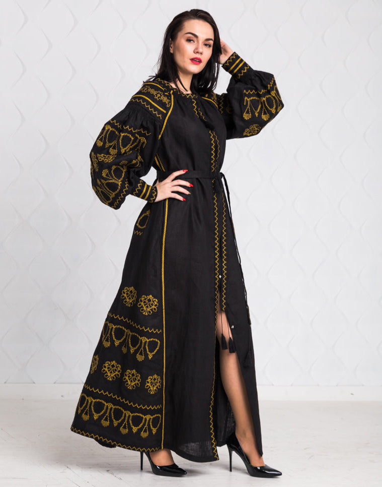 Size 10US. Elegant Black Boho Linen Embroidered Dress - Timeless Bohemian Maxi Wrap