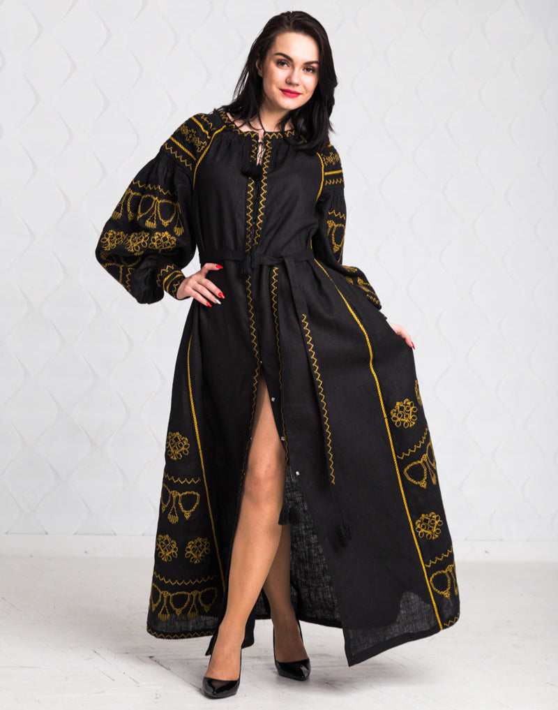 Size 10US. Elegant Black Boho Linen Embroidered Dress - Timeless Bohemian Maxi Wrap
