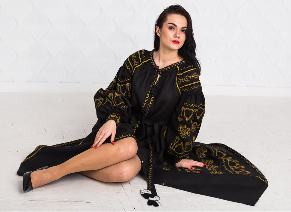 Size 10US. Elegant Black Boho Linen Embroidered Dress - Timeless Bohemian Maxi Wrap
