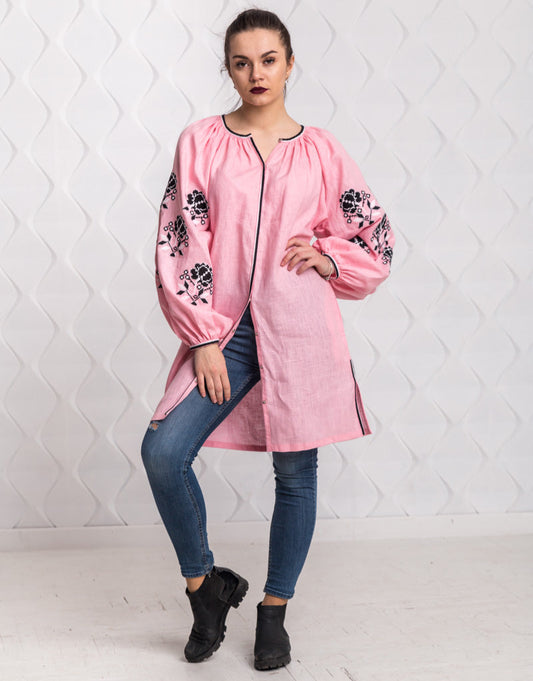Size 6US. Pink Linen Tunic with Black Embroidery - Boho-Chic Style