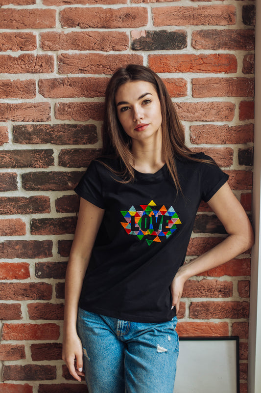 Size XXL. LOVE Embroidered Black T-Shirt – Colorful Geometric Mosaic Design Tee for Women