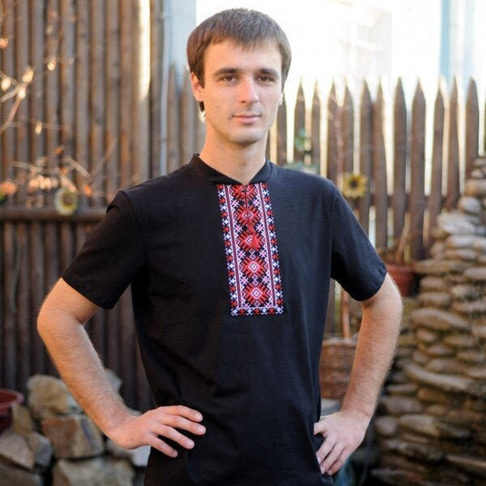 Sizes S,M,XXL. Black Men's T-Shirt with Red Embroidery - Ukrainian Folk Shirt
