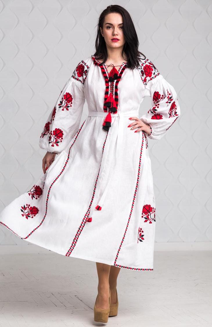 Size 8US/M! White Embroidered Maxi Dress - Bohemian Ukrainian Vyshyvanka - Traditional Folk Linen Gown